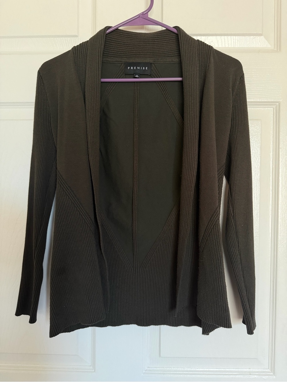 Premise Olive Open-Front Ribbed Knit Cardigan